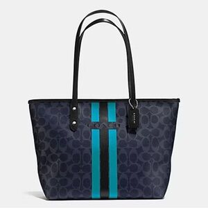 COACH VARSITY STRIPE CITY ZIP TOTE IN SIGNATURE
F38405 SILVER/DENIM/BLACK purse